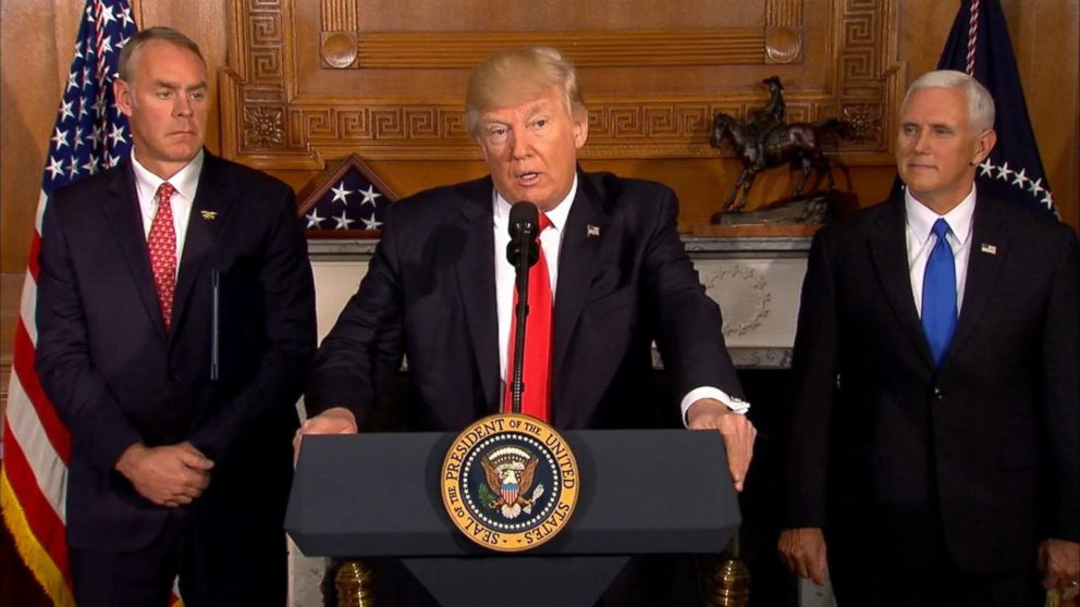 PHOTO: Secretary of the Interior Ryan Zinke, President Donald Trump and Vice President Mike Pence attend a press conference, April 26, 2017.