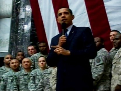 Video of Barack Obama addressing troops in Iraq during a surprise visit.