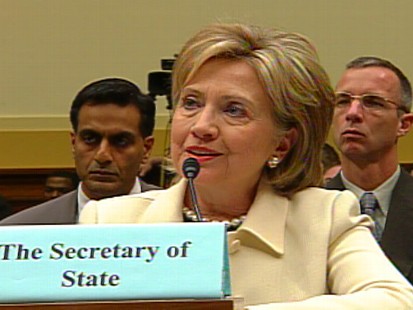 Video of Secretary of State Hillary Clinton on Capitol Hill hitting Vice President Dick Cheney on CIA terror memos.