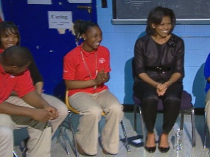 Video of Michelle Obama visiting a D.C. school to talk about career goals with the students.