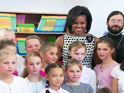 The first lady visits an orphanage in Moscow, meeting with about two dozen kids.