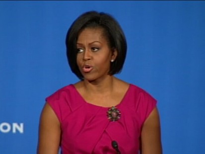 ABC News video of Michelle Obama speaking on healthy food, obesity.