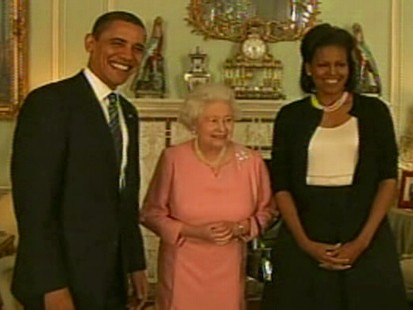 Video of The Obamas meeting the Queen in Europe.