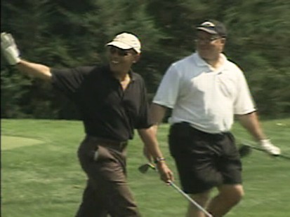 Video of President Obama playing golf on Marthas vineyard during his family vacation.
