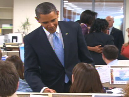 ABC News video of President Obama visiting Red Cross on January 18, 2010.