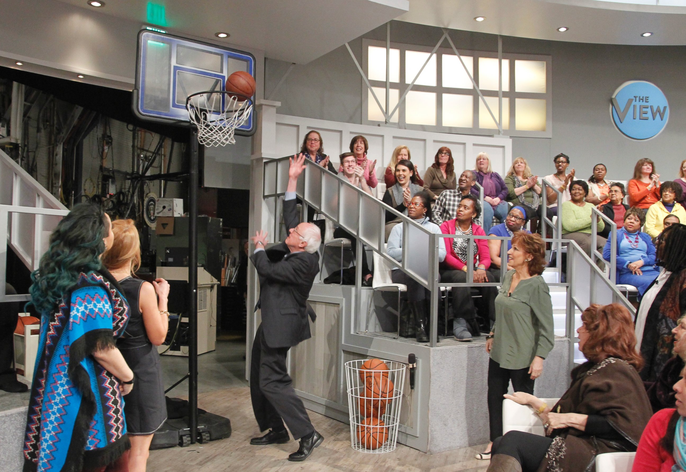 PHOTO: Democratic Presidential Candidate Senator Bernie Sanders shot hoops on the set of The View, Feb. 10, 2016. It was his first interview following his victory in the New Hampshire primary.
