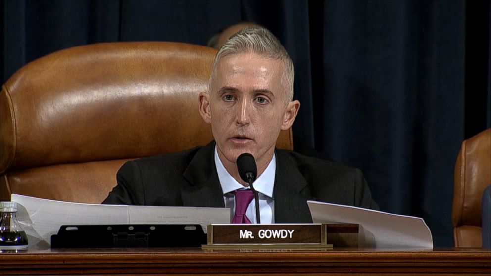 Representative Trey Gowdy, a Republican from South Carolina and chairman of the House Select Committee on Benghazi listens as Hillary Clinton, not pictured, testifies during a House Select Committee on Benghazi hearing in Washington, Oct. 22, 2015.