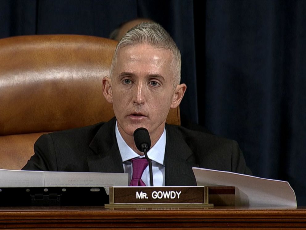 PHOTO:Representative Trey Gowdy, a Republican from South Carolina and chairman of the House Select Committee on Benghazi listens as Hillary Clinton, not pictured, testifies during a House Select Committee on Benghazi hearing in Washington, Oct. 22, 2015.