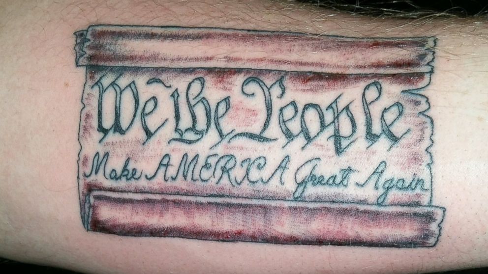 Bob Holmes and his team offer tattoos that range in style from Trump’s slogan to his portrait.