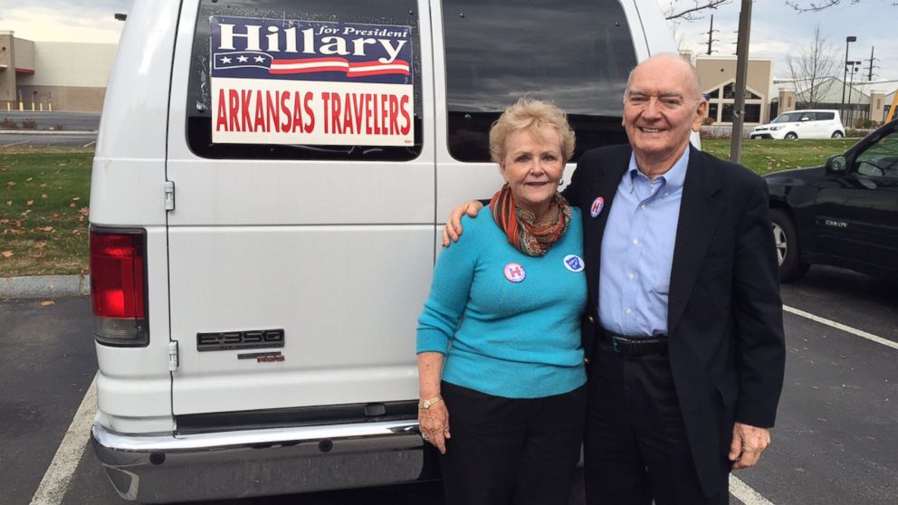 PHOTO: Travelers, Ann, 76, and Morriss Henry, 83, during a recent campaign trip to New Hampshire. The Henrys hosted Bill and Hillary Clinton's wedding reception in Fayetteville, Ark. in 1975. 
