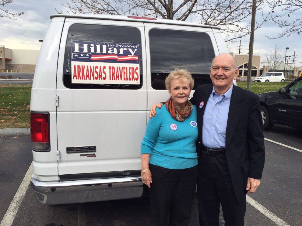 PHOTO: Travelers, Ann, 76, and Morriss Henry, 83, during a recent campaign trip to New Hampshire. The Henrys hosted Bill and Hillary Clinton's wedding reception in Fayetteville, Ark. in 1975. 

