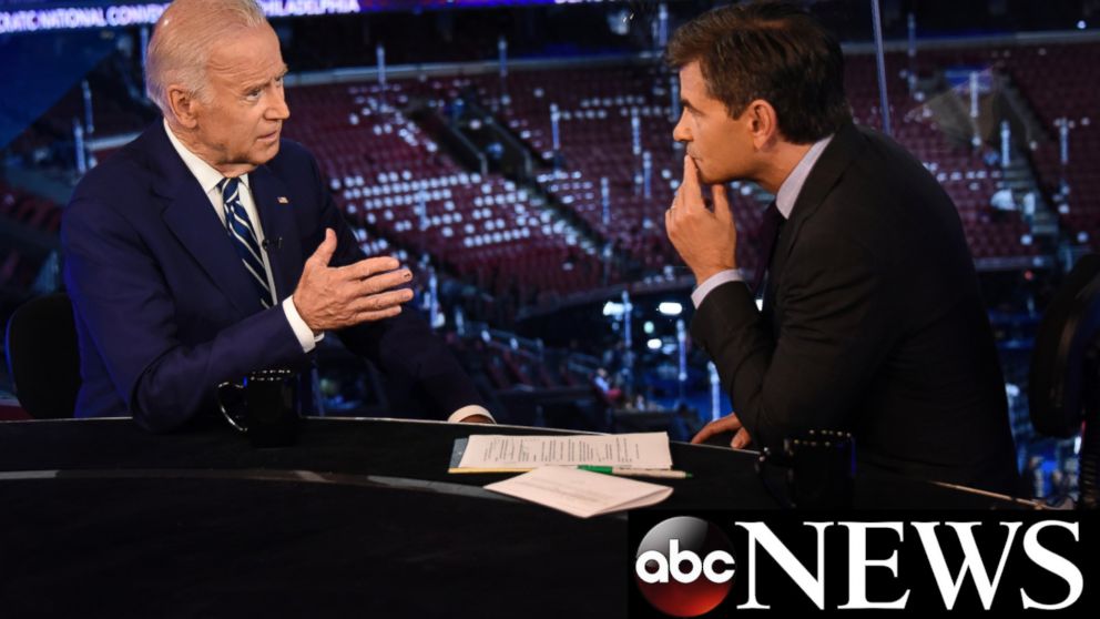 Vice President Joe Biden talks to George Stephanopoulos during ABC News' coverage of the 2016 Democratic National Convention from the Wells Fargo Center in Philadelphia, July 26, 2016.