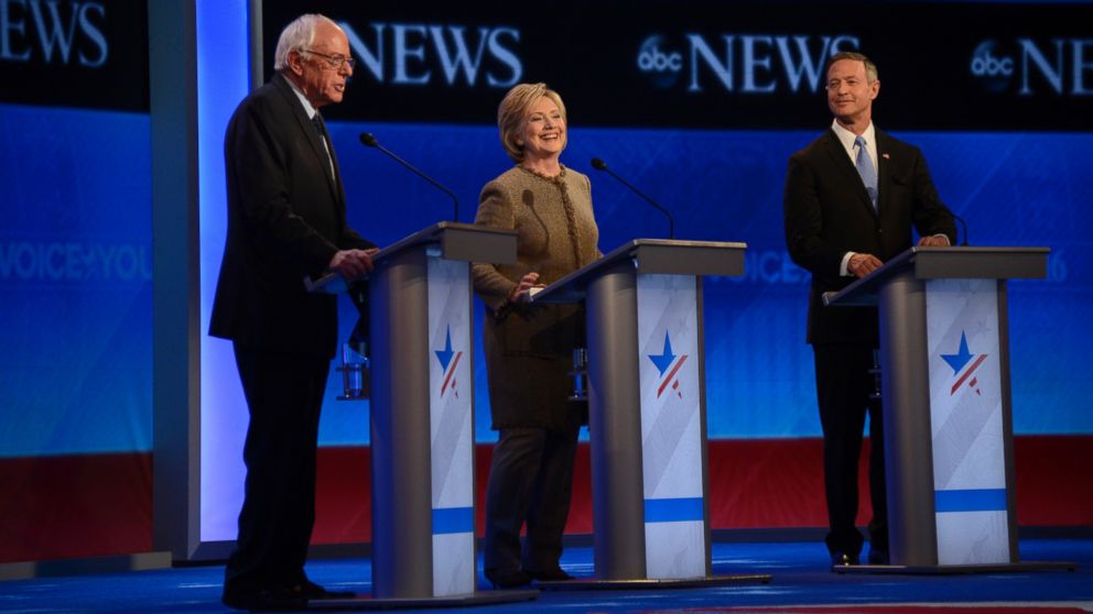 Sen. Bernie Sanders, Hillary Clinton and Martin O'Malley at the Democratic debate in Manchester, N.H., Dec. 19, 2015.