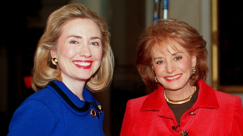 Barbara Walters, right, is pictured with Hillary Clinton, left, while filming a 1996 broadcast.  