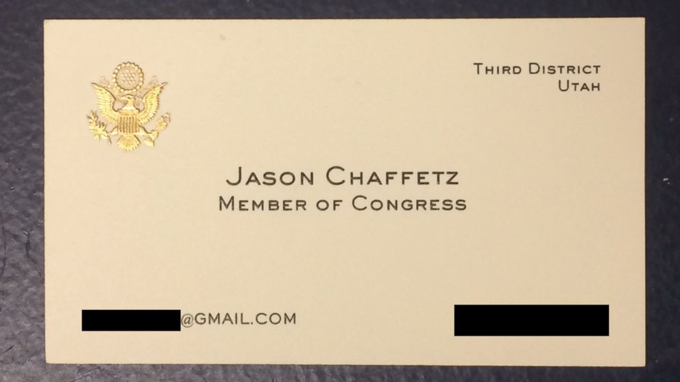 PHOTO: Rep. Jason Chaffetz's, R-Utah, House business card lists a Gmail email address.