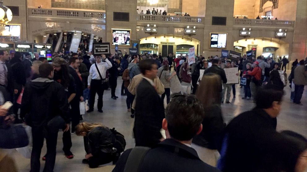 Crowds of protesters gathered on April 14, 2016, near the Grand Hyatt New York and in Grand Central Station where a Republican gala is going to be held, in New York.
