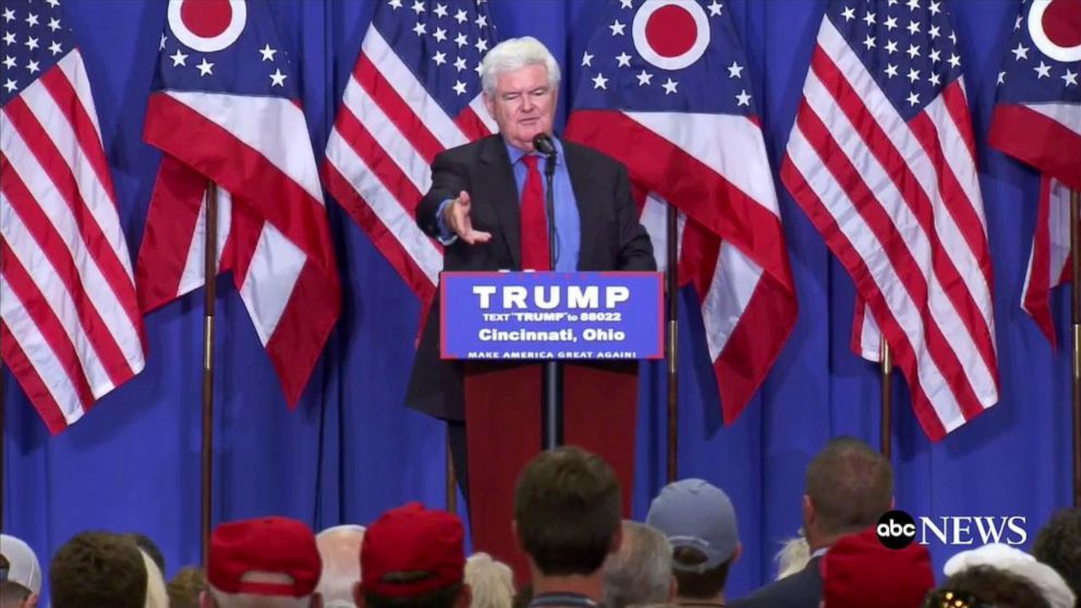 PHOTO: Newt Gingrich speaks at a campaign event for Donald Trump in Cincinnati, July 6, 2016.