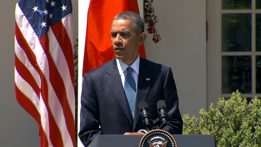 President Barack Obama speaks at a joint press conference with Japanese Prime Minister Shinzo Abe in the Rose Garden at the White House in Washington, April 28, 2015.