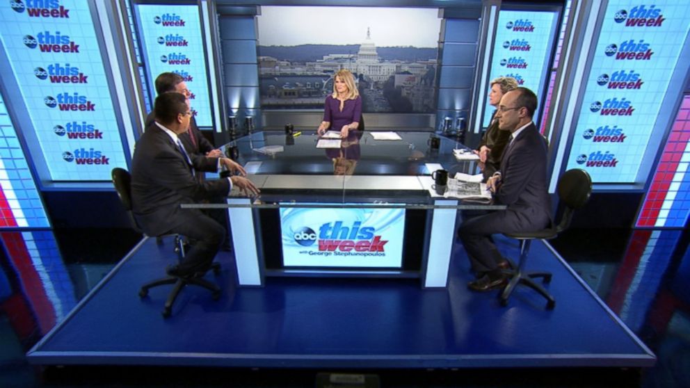 PHOTO: Rep Tom Cole (R) Oklahoma, Rep Keith Ellison (D) Minnesota, ABC News' Cokie Roberts, and Foreign Policy Initiative Co-founder Dan Senor on 'This Week'