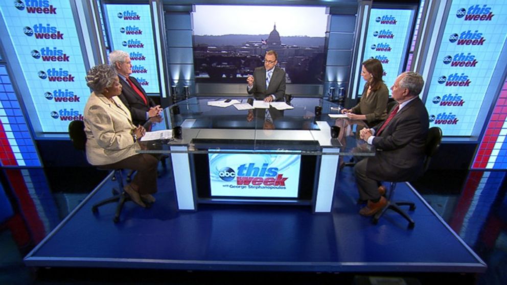 PHOTO: ABC News Contributor and Democratic Strategist Donna Brazile, Former House Speaker Newt Gingrich, ABC News Contributor and The Weekly Standard Editor Bill Kristol, and Fusion's "AM Tonight" Alicia Menendez on 'This Week'