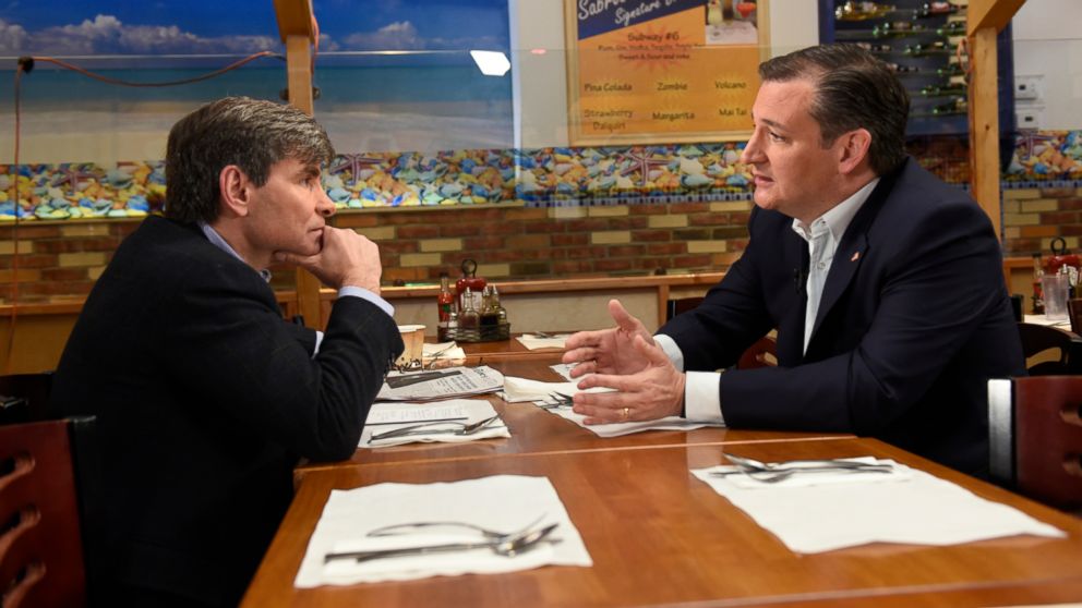 Republican candidate Ted Cruz sits down with ABC News' George Stephanopoulos for an interview in New York, April 6, 2016.