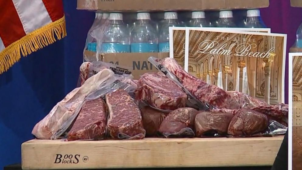 PHOTO: A display of Trump steaks, wrapped in plastic with the words 'Bush Brothers' imprinted, is seen before Donald Trump speaks at a campaign press conference event in Jupiter, FL,  March 08, 2016.