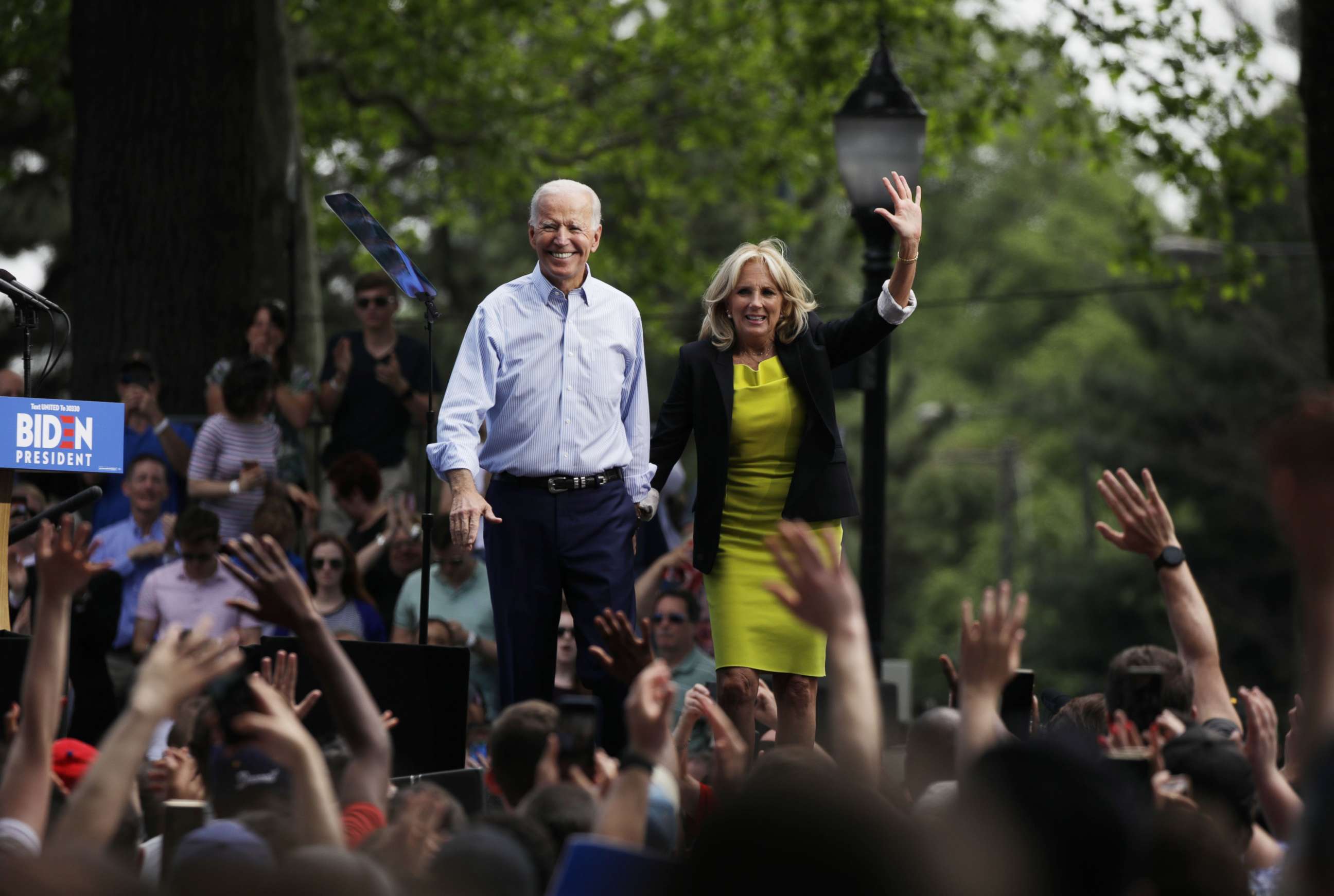 PHOTO: Joe Biden and wife Jill Biden speak during the kick off for his presidential election campaign in Philadelphia, on May 18, 2019. 