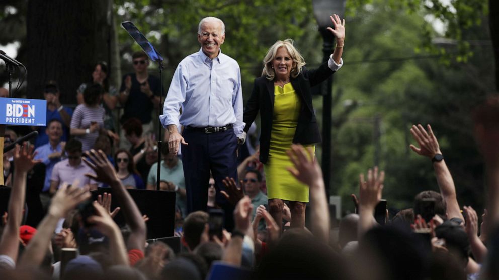PHOTO: Joe Biden and wife Jill Biden speak during the kick off for his presidential election campaign in Philadelphia, on May 18, 2019. 