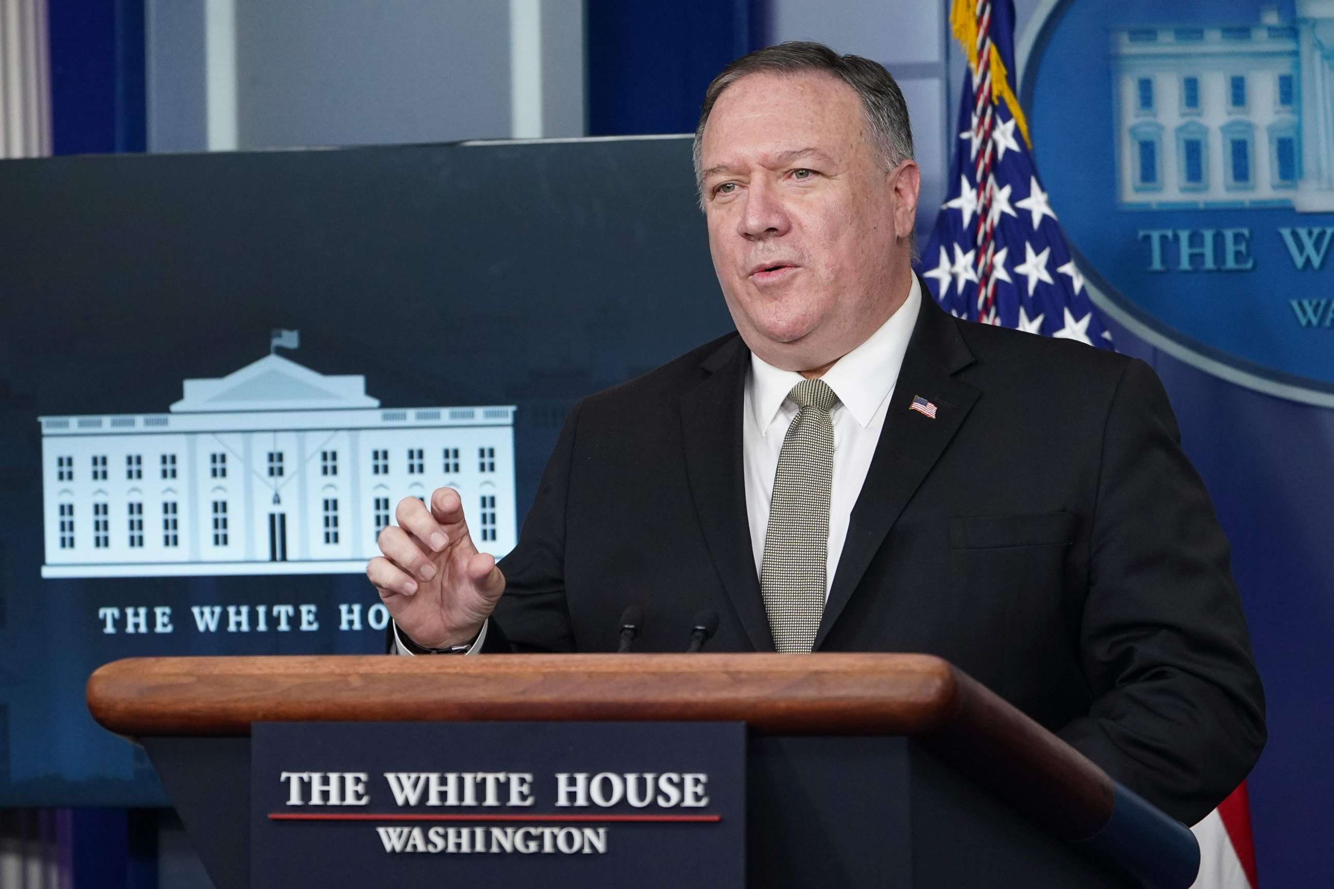 PHOTO: (FILES) In this file photo taken on April 08, 2020 US Secretary of States Mike Pompeo speaks during the daily briefing on the novel coronavirus, COVID-19, in the Brady Briefing Room at the White House in Washington, DC.