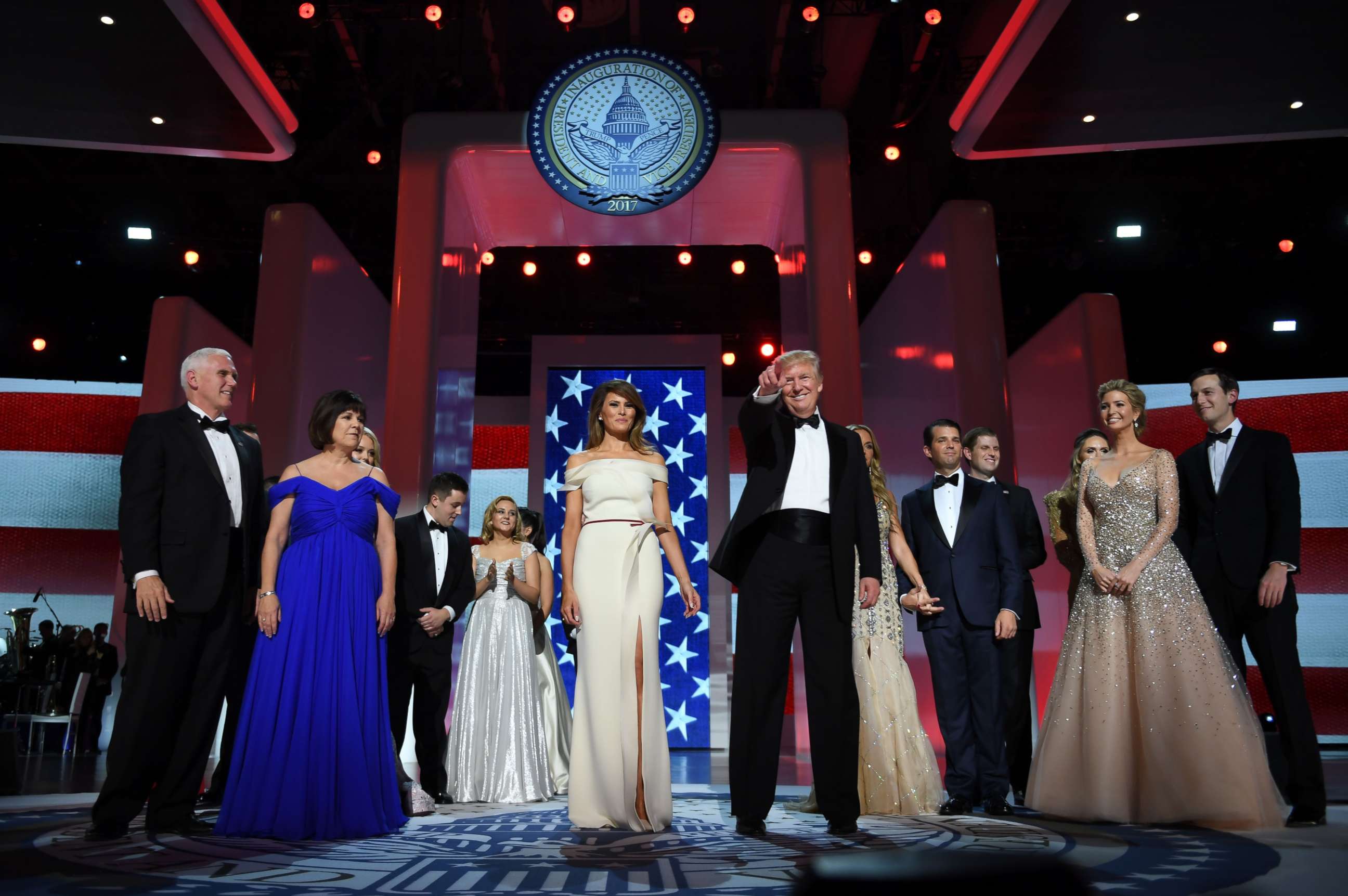 PHOTO: President Donald Trump with first lady Melania Trump and family at the Liberty Ball following Donald Trump's inauguration as the 45th President of the United States, in Washington, Jan. 20, 2017.
