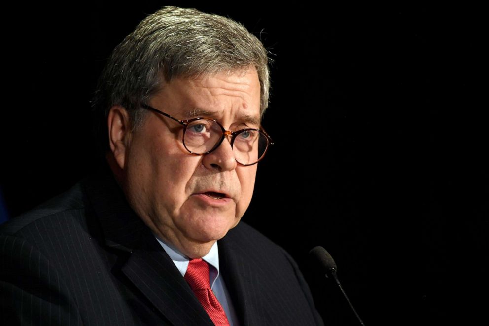 PHOTO: In this Feb. 10, 2020, file photo Attorney General William Barr speaks at the National Sheriffs' Association Winter Legislative and Technology Conference in Washington. 