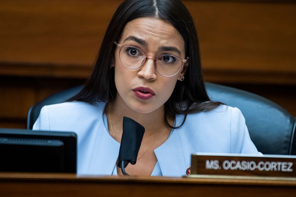 PHOTO: FILE - In this Monday, Aug. 24, 2020, file photo, U.S. Rep. Alexandria Ocasio-Cortez, D-N.Y., questions Postmaster General Louis DeJoy during a House Oversight and Reform Committee hearing on the Postal Service on Capitol Hill, in Washington.