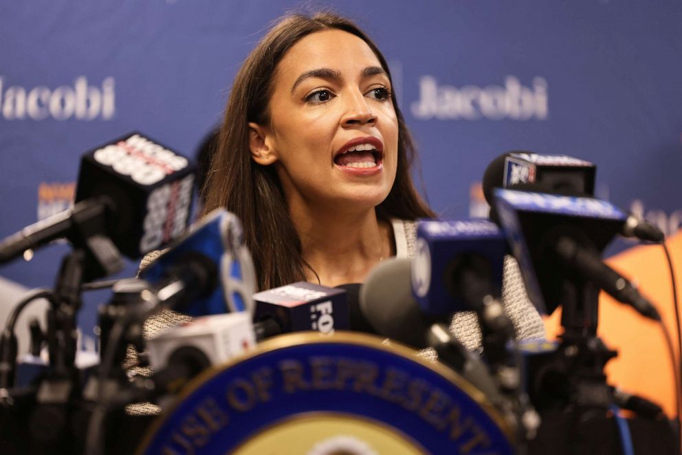 Rep. Alexandria Ocasio-Cortez, D-N.Y., speaks during a press conference at Jacobi Hospital on June 3, 2021 in the Bronx borough of New York City.