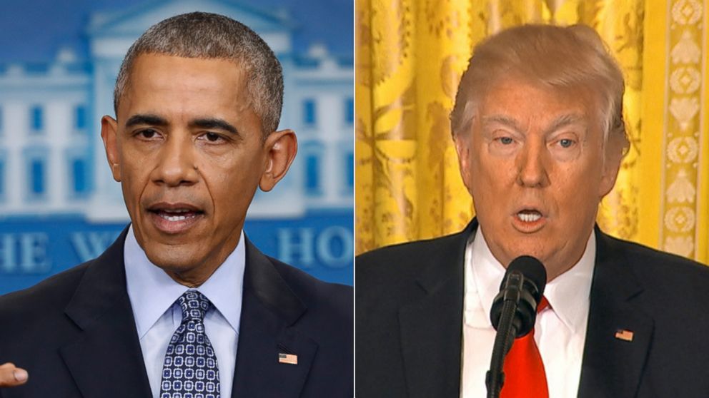 President Barack Obama speaks during his final presidential news conference, in the briefing room of the White House in Washington, on Jan. 18, 2017 | President Donald Trump speaks at a press conference at the White House in Washington, Feb. 16, 2017.