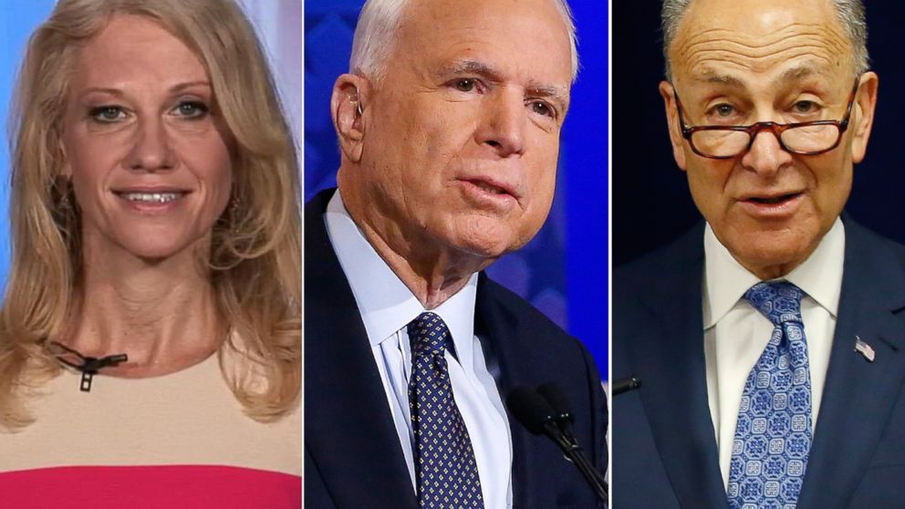 Pictured (L-R) are Kellyanne Conway in New York, Dec. 2, 1016, Sen. John McCain in Phoenix, Oct. 10, 2016 and Sen Charles Schumer in New York, April 4, 2016.