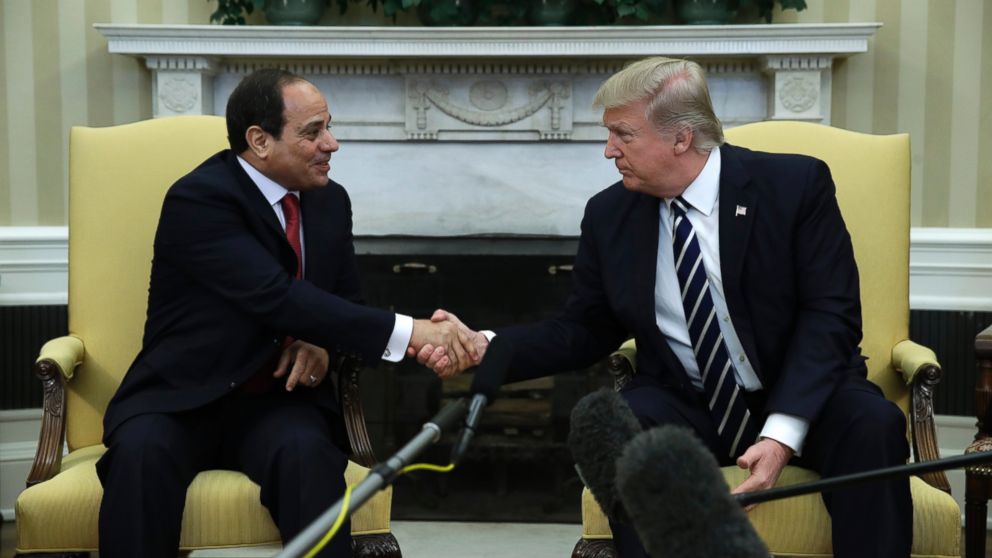 President Donald Trump shakes hands with Egyptian President Abdel Fattah al-Sisi in the Oval Office of the White House in Washington, April, 3, 2017.