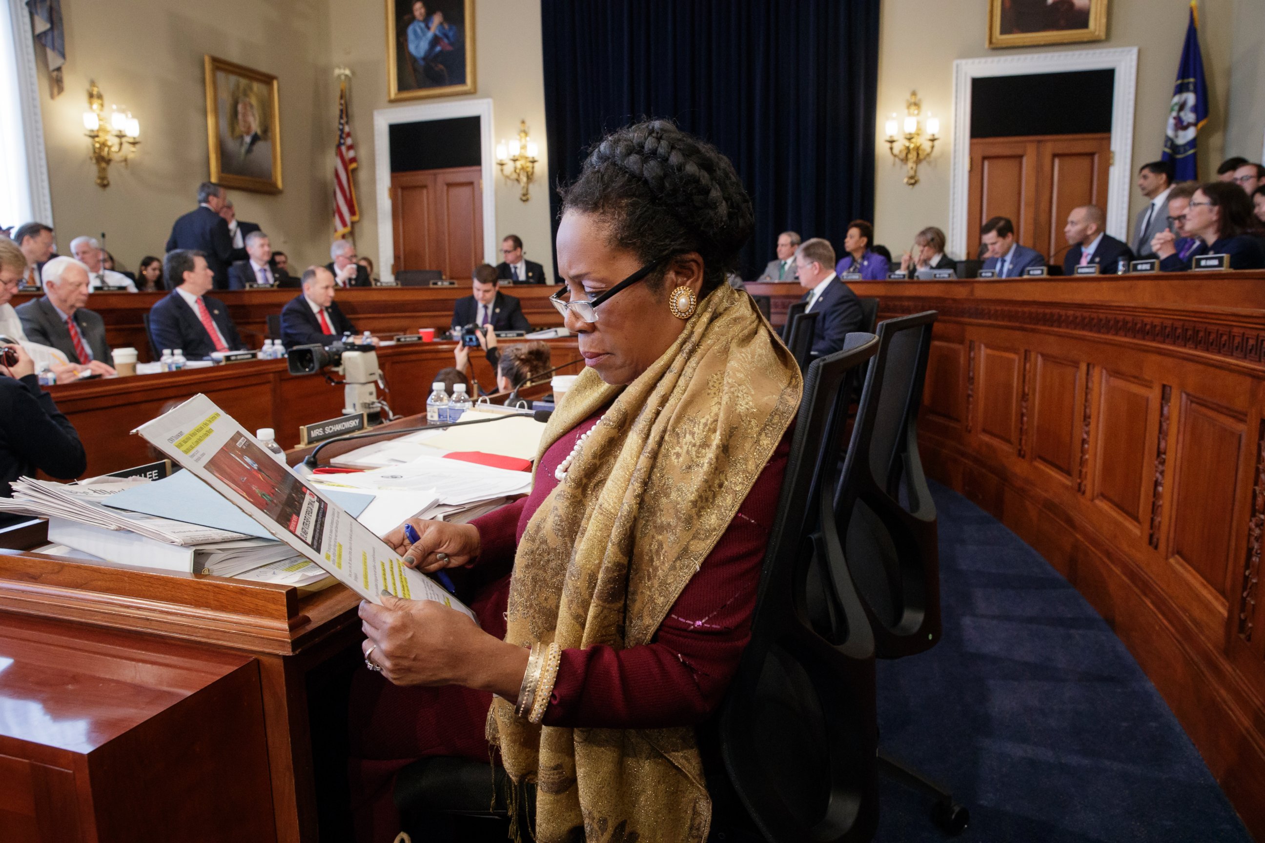 PHOTO: Rep. Sheila Jackson Lee, D-Texas, and the House Budget Committee works on the Republican health care bill, on Capitol Hill in Washington, March, 16, 2017. 