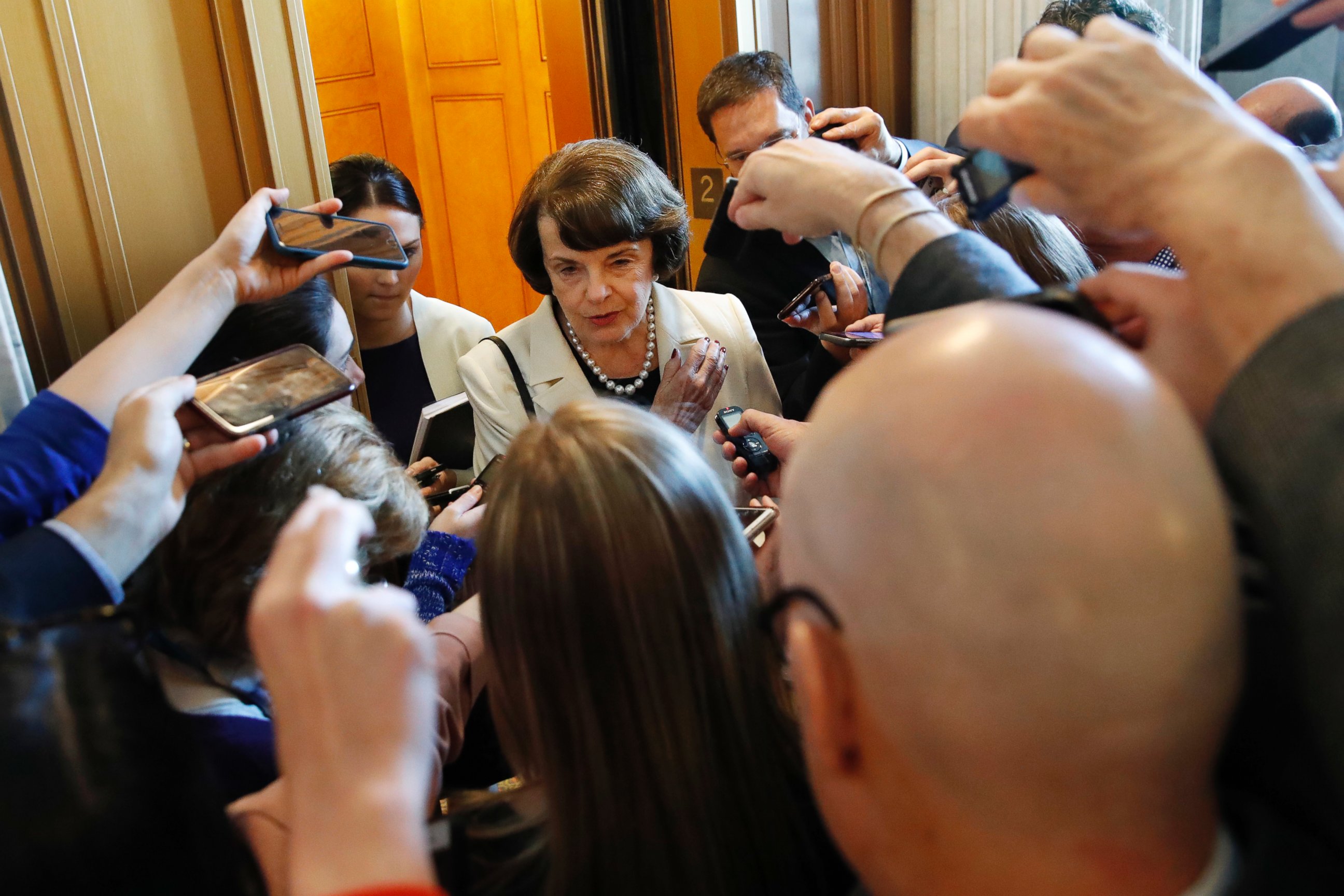 PHOTO: Sen. Dianne Feinstein, D-Calif., ranking member of the Senate Judiciary Committee, is asked questions by reporters about President Trump's decision to fire FBI Director James Comey, on Capitol Hill, May 10, 2017, in Washington.