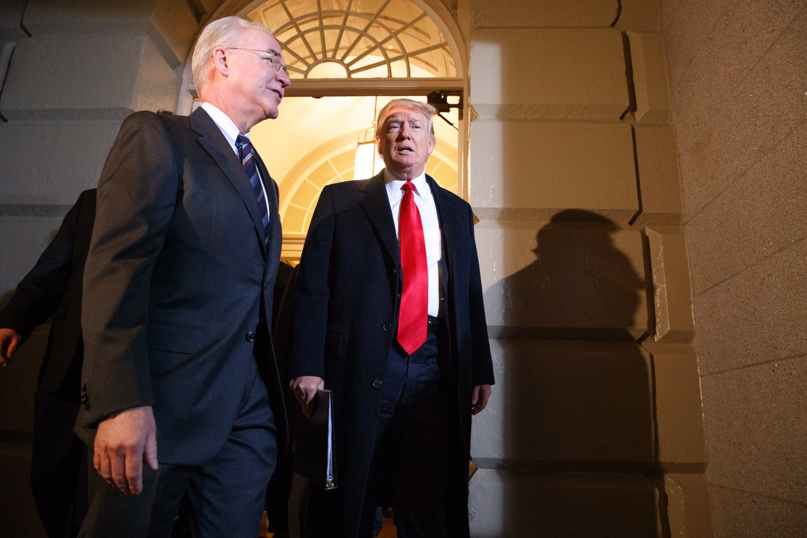 PHOTO: President Donald Trump and Heath and Human Services Secretary Tom Price arrive on Capitol Hill in Washington, March 21, 2017, for a meeting on healthcare with Republicans. 