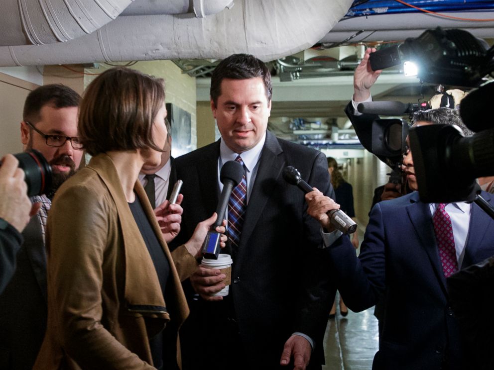 PHOTO: House Intelligence Committee Chairman Rep. Devin Nunes, R-Calif. is pursued by reporters as he arrives for a weekly meeting of the Republican Conference with House Speaker Paul Ryan and the GOP leadership, March 28, 2017, in Washington.