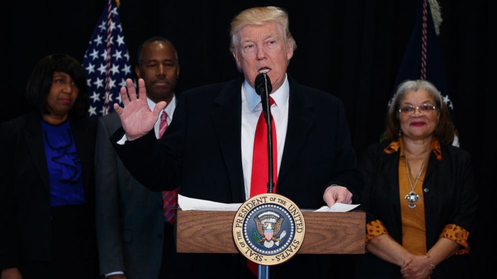 President Donald Trump speaks after touring the National Museum of African American History and Culture, on Feb. 21, 2017, in Washington. 