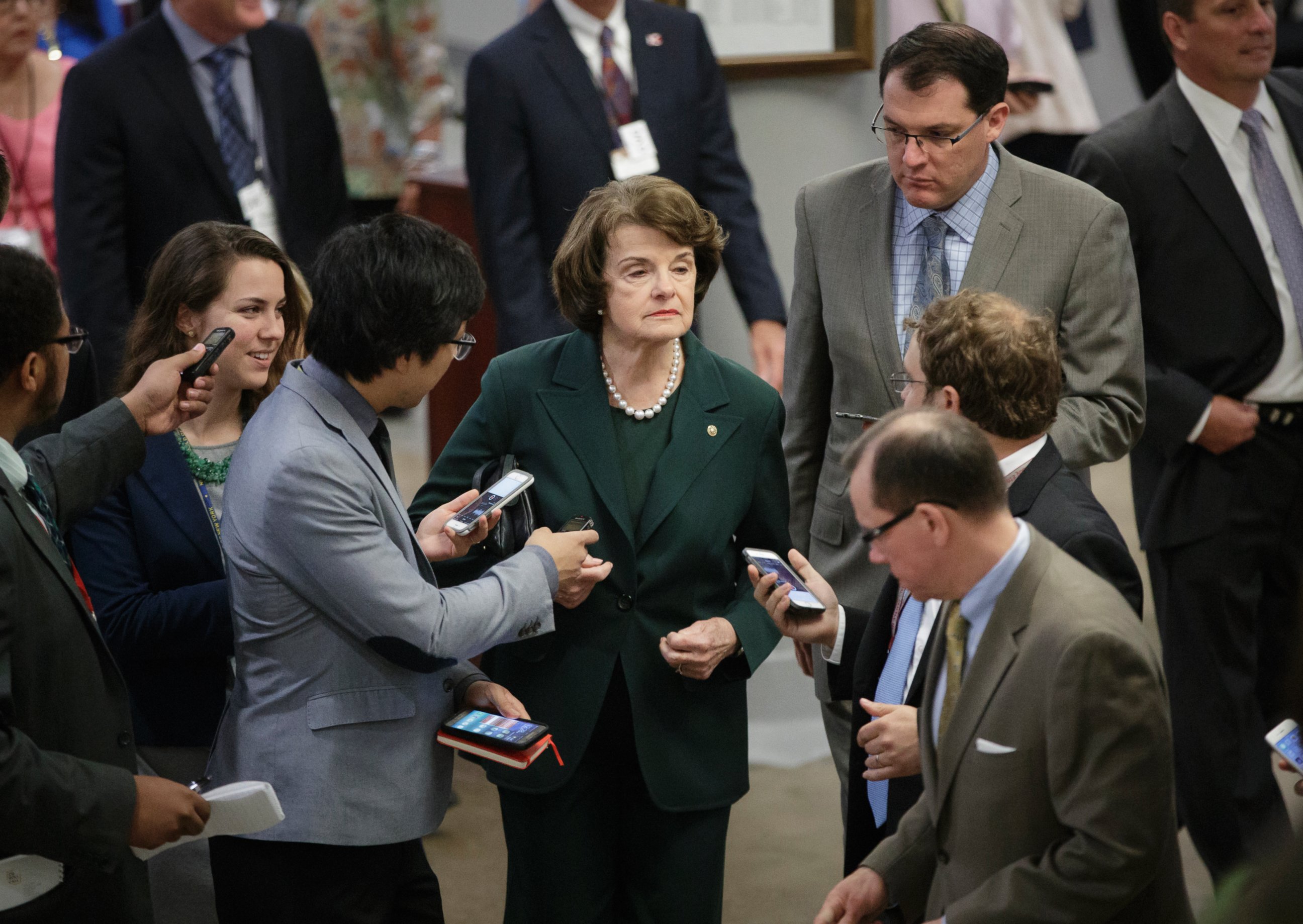 PHOTO: Sen. Dianne Feinstein, D-Calif., the ranking member on the Senate Judiciary Committee, speaks to reporters on Capitol Hill, May 17, 2017, on the controversies surrounding President Donald Trump. 