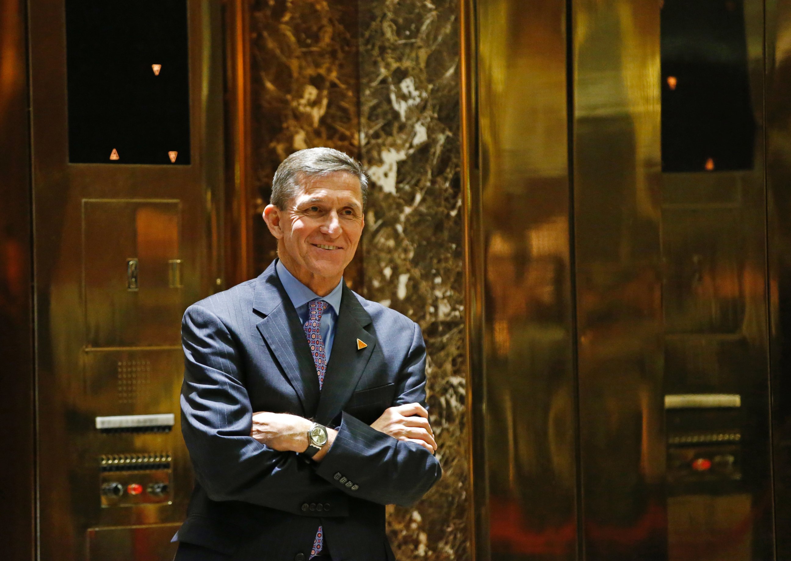PHOTO: National Security Adviser-designate Michael T. Flynn waits for an elevator in the lobby at Trump Tower in New York, Dec.12,2016.