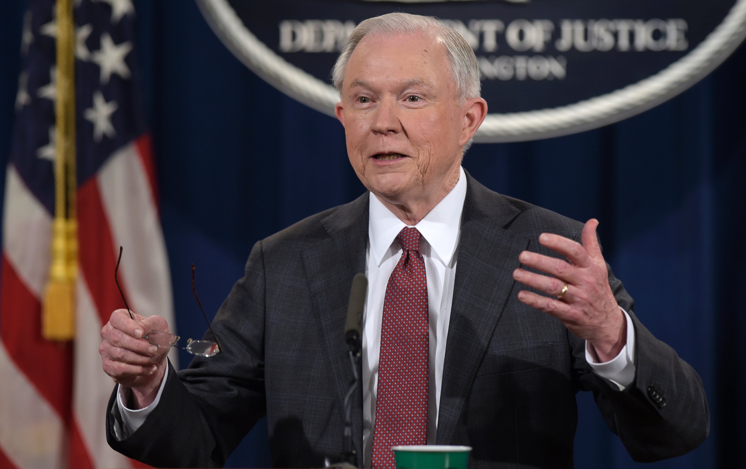 PHOTO: Attorney General Jeff Sessions speaks during a news conference at the Justice Department, March 2, 2017, in which he said he will recuse himself from a federal investigation into Russian interference in the 2016 White House election.