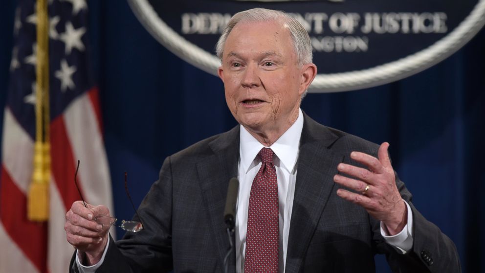 PHOTO: Attorney General Jeff Sessions speaks during a news conference at the Justice Department, March 2, 2017, in which he said he will recuse himself from a federal investigation into Russian interference in the 2016 White House election.