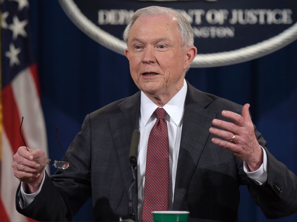 PHOTO: Attorney General Jeff Sessions speaks during a news conference at the Justice Department, March 2, 2017, in which he said he will recuse himself from a federal investigation into Russian interference in the 2016 White House election.