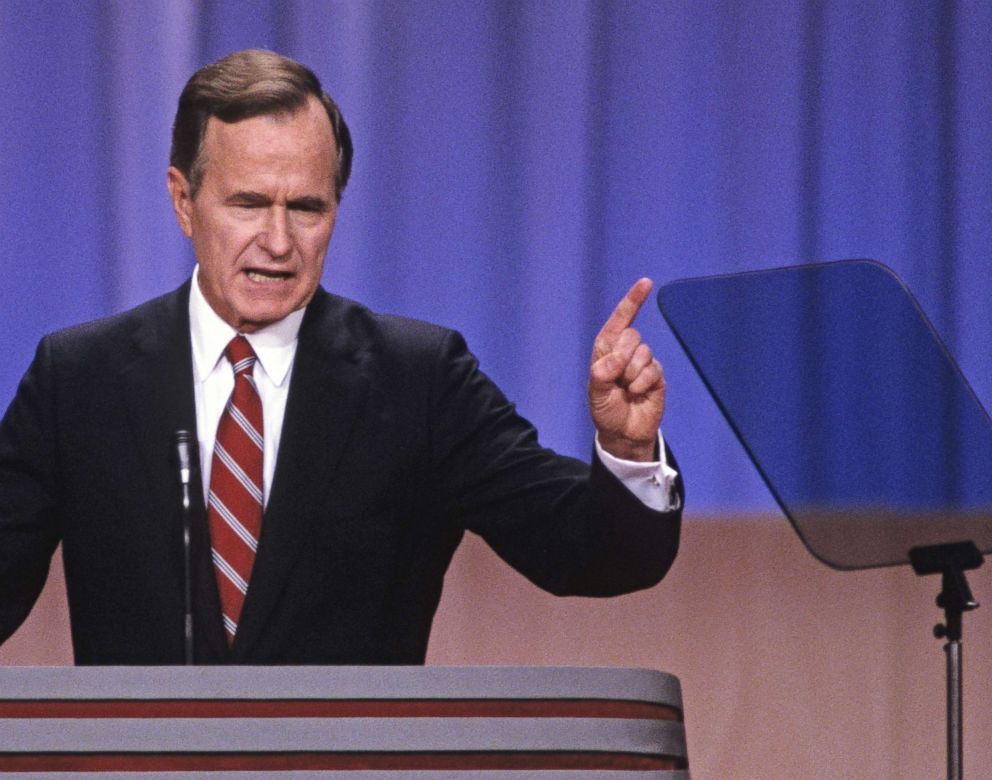 PHOTO: George H.W. Bush delivers his speech accepting his party's nomination for President of the United States at the 1988 Republican Convention in New Orleans, Louisiana. It was during this speech that Bush stated, "read my lips, no new taxes."