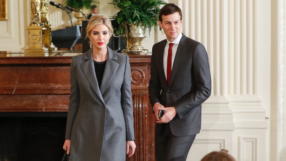 Ivanka Trump, daughter of President Donald Trump and her husband, senior adviser Jared Kushner, arrive in the East Room of the White House in Washington, Feb. 15, 2017, for a joint news conference with President Donald Trump and Israeli Prime Minister Benjamin Netanyahu. 