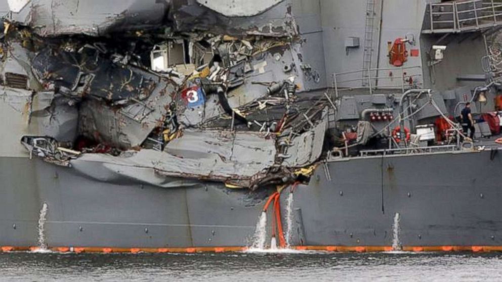 PHOTO: A damaged section of the USS Fitzgerald is seen at the U.S. Naval base in Yokosuka, southwest of Tokyo, June 18, 2017.