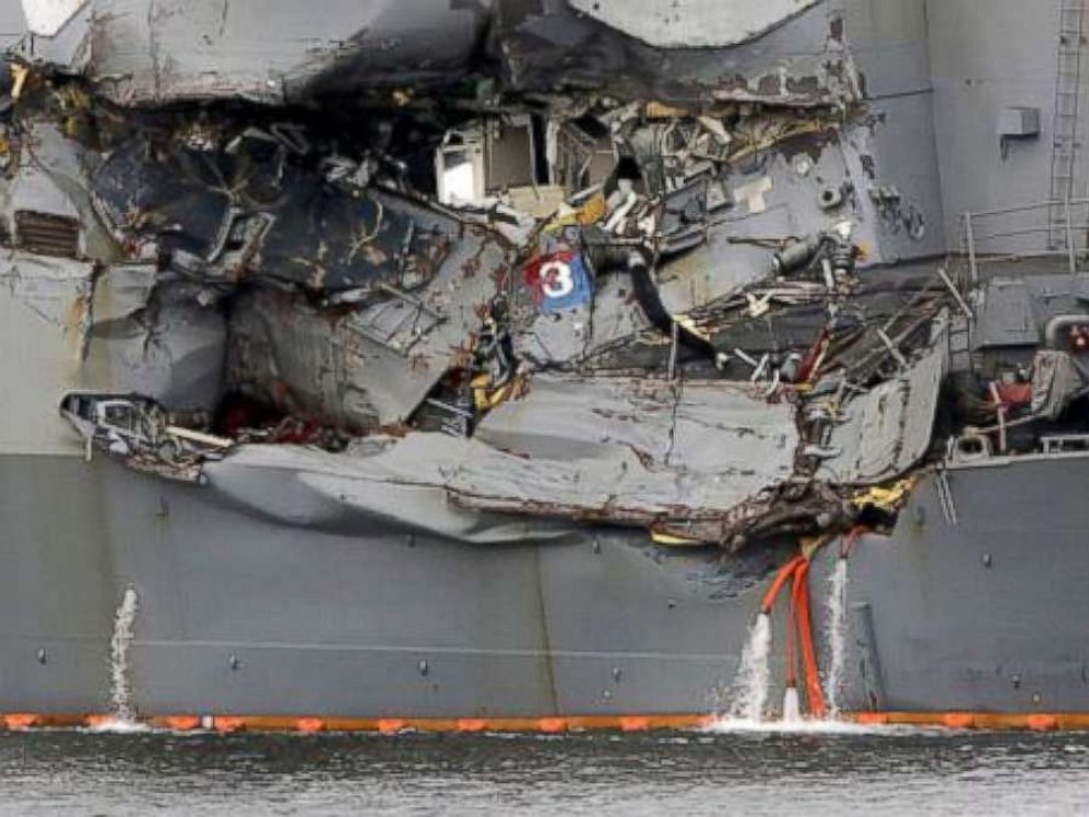 PHOTO: A damaged section of the USS Fitzgerald is seen at the U.S. Naval base in Yokosuka, southwest of Tokyo, June 18, 2017.